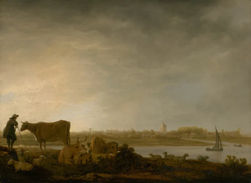 A View of Vianen with a Herdsman and Cattle by a River, Aelbert Cuyp (1621 to 1691)