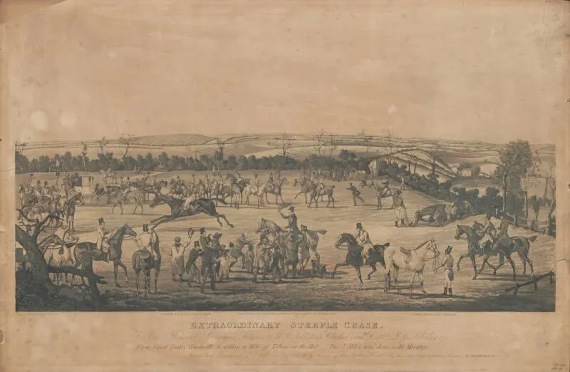 Extraordinary Steeple-Chase, Henry Thomas Alken, hand-coloured aquatint