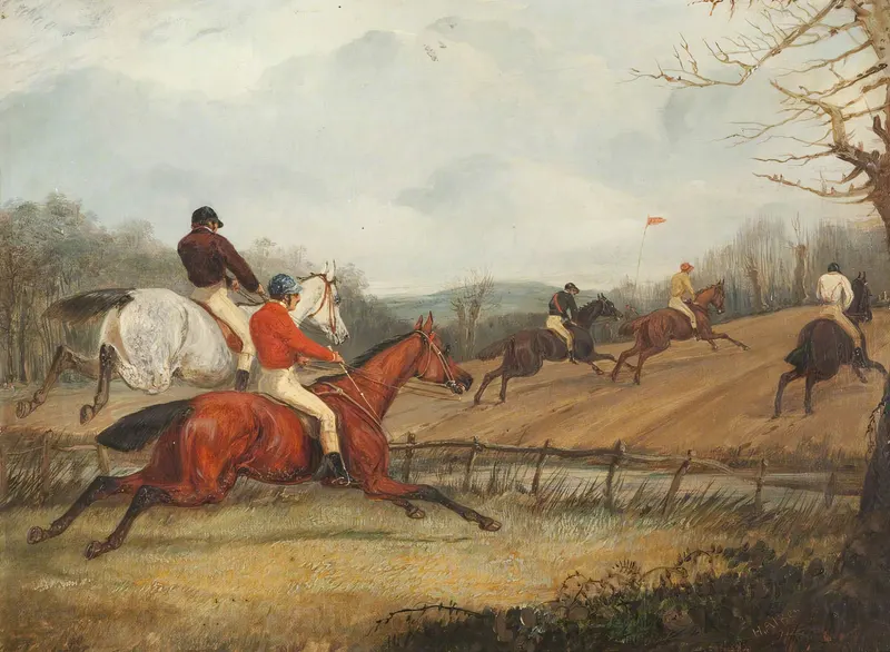 Five Steeplechasers, with a River in the Middle Distance and a Red Flag on the Horizon, Henry Thomas Alken, oil on canvas