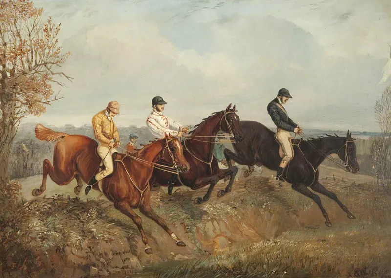 Three Steeplechasers Clearing a Ditch, Henry Thomas Alken, oil on canvas