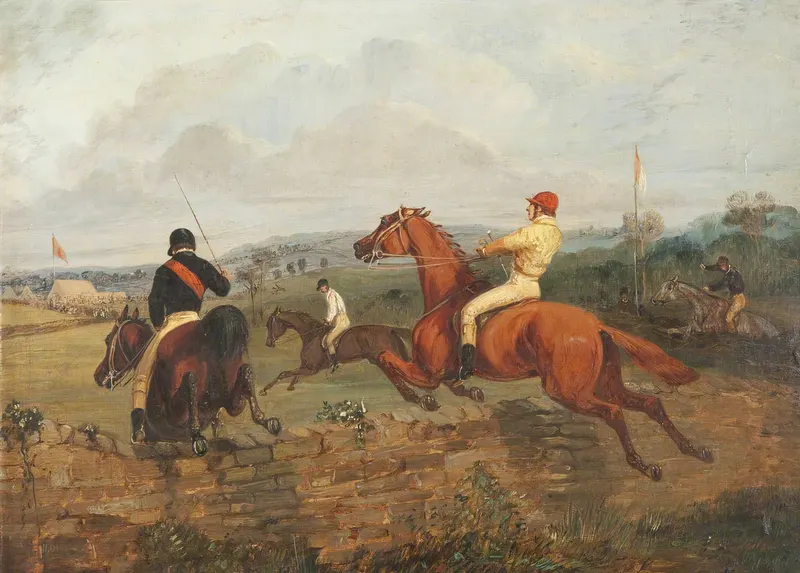 Two Steeplechasers Clearing a Wall, with Two Steeplechasers in the Middle Distance, Henry Thomas Alken, oil on canvas