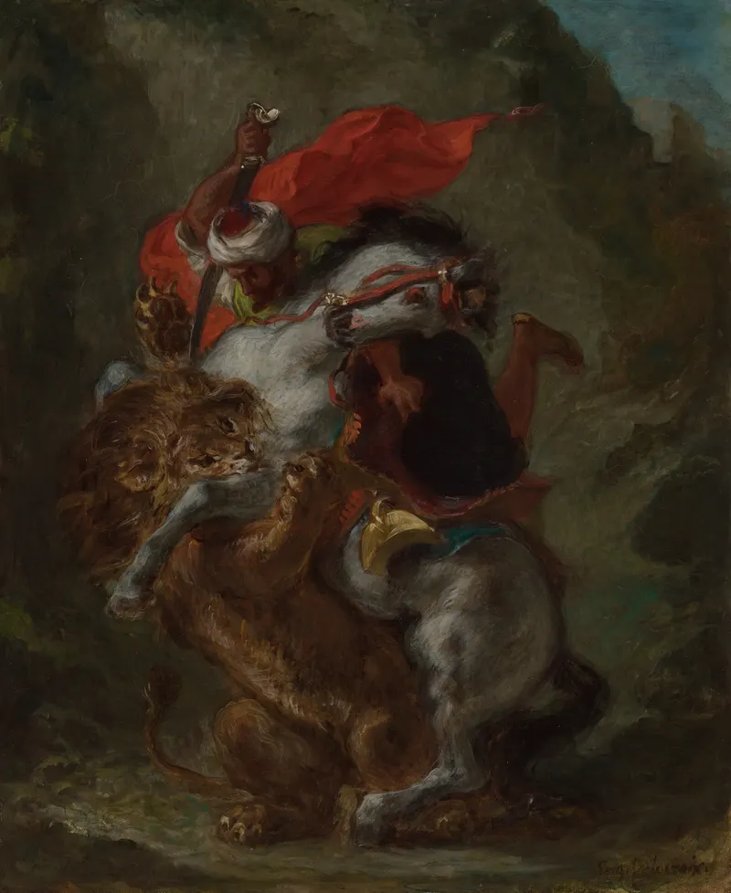 Arab Horseman Attacked by a Lion, Eugène Delacroix (1798 to 1863)