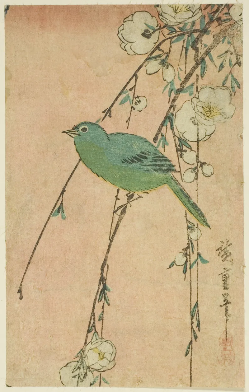 Bullfinch and Weeping Cherry, Utagawa Hiroshige