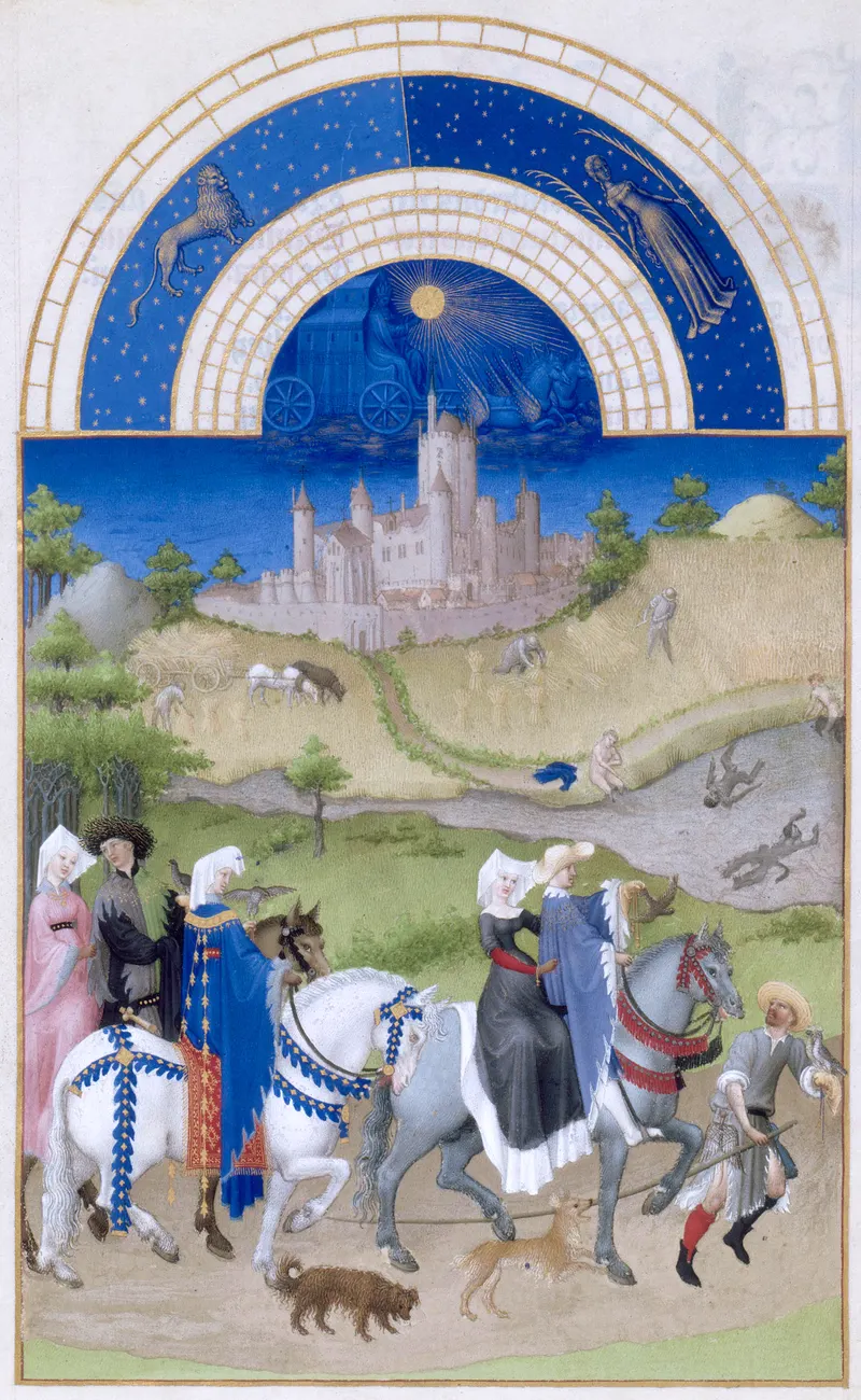 August — The Falconry Party, The Limbourg Brothers (Herman, Paul & Jean de Limbourg); later folios completed by Jean Colombe