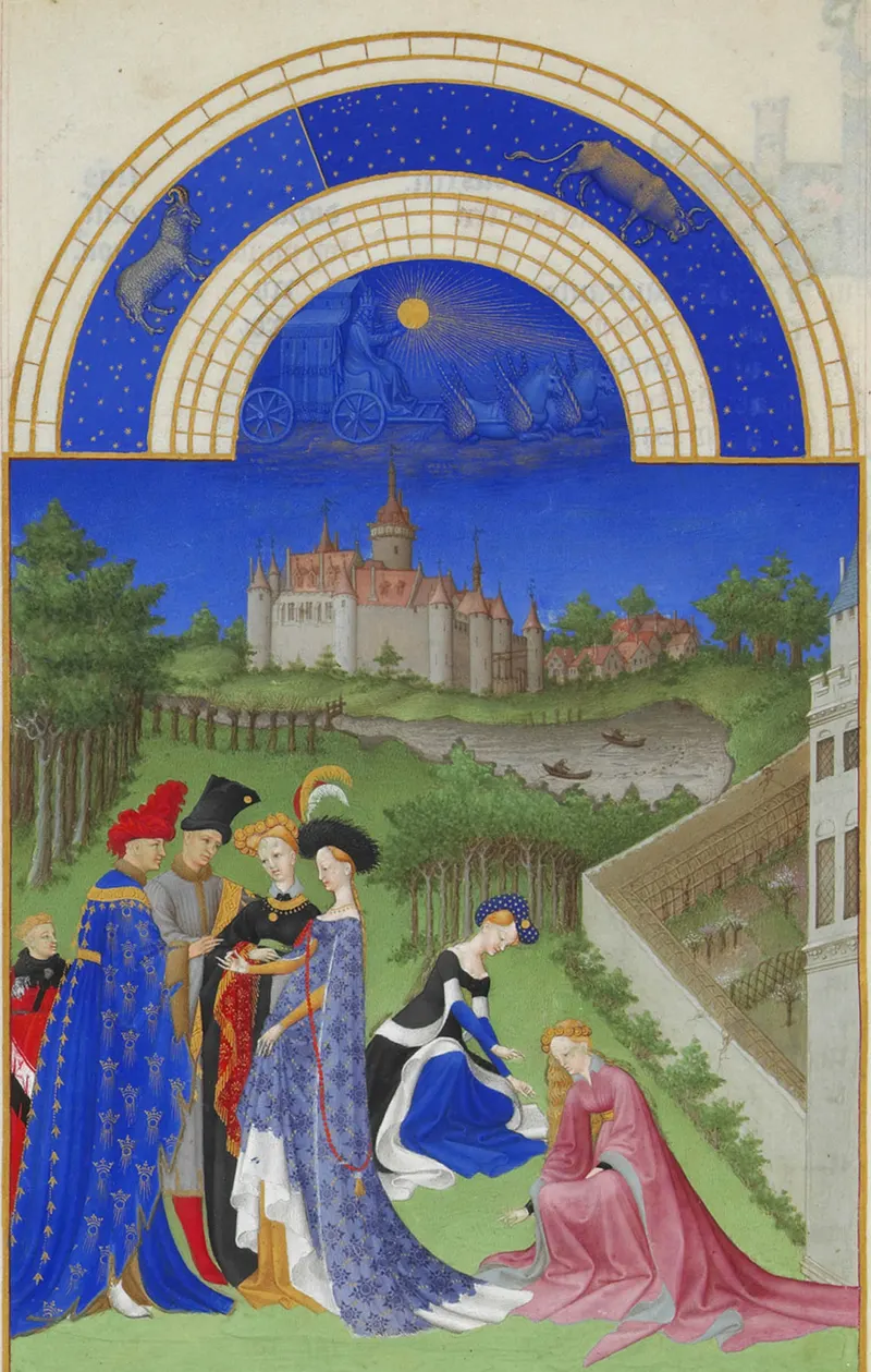 April — The Betrothal, The Limbourg Brothers (Herman, Paul & Jean de Limbourg); later folios completed by Jean Colombe