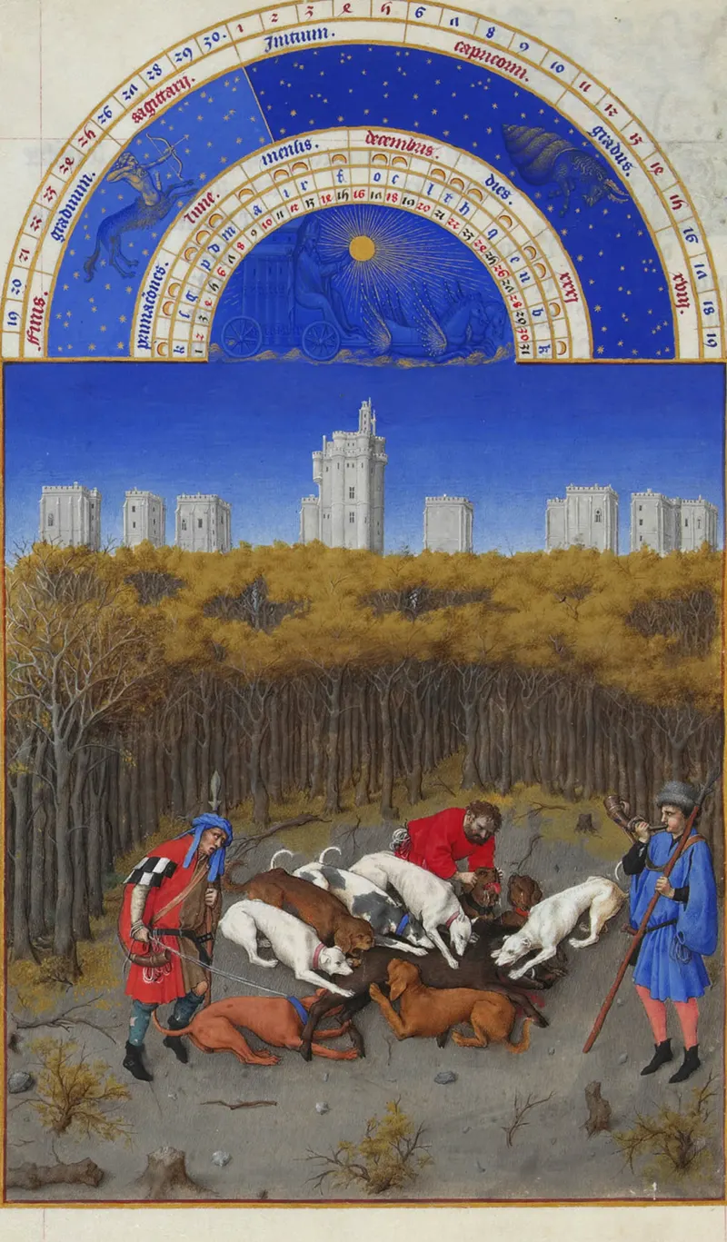 December — The Boar Hunt at Vincennes, The Limbourg Brothers (Herman, Paul & Jean de Limbourg); later folios completed by Jean Colombe