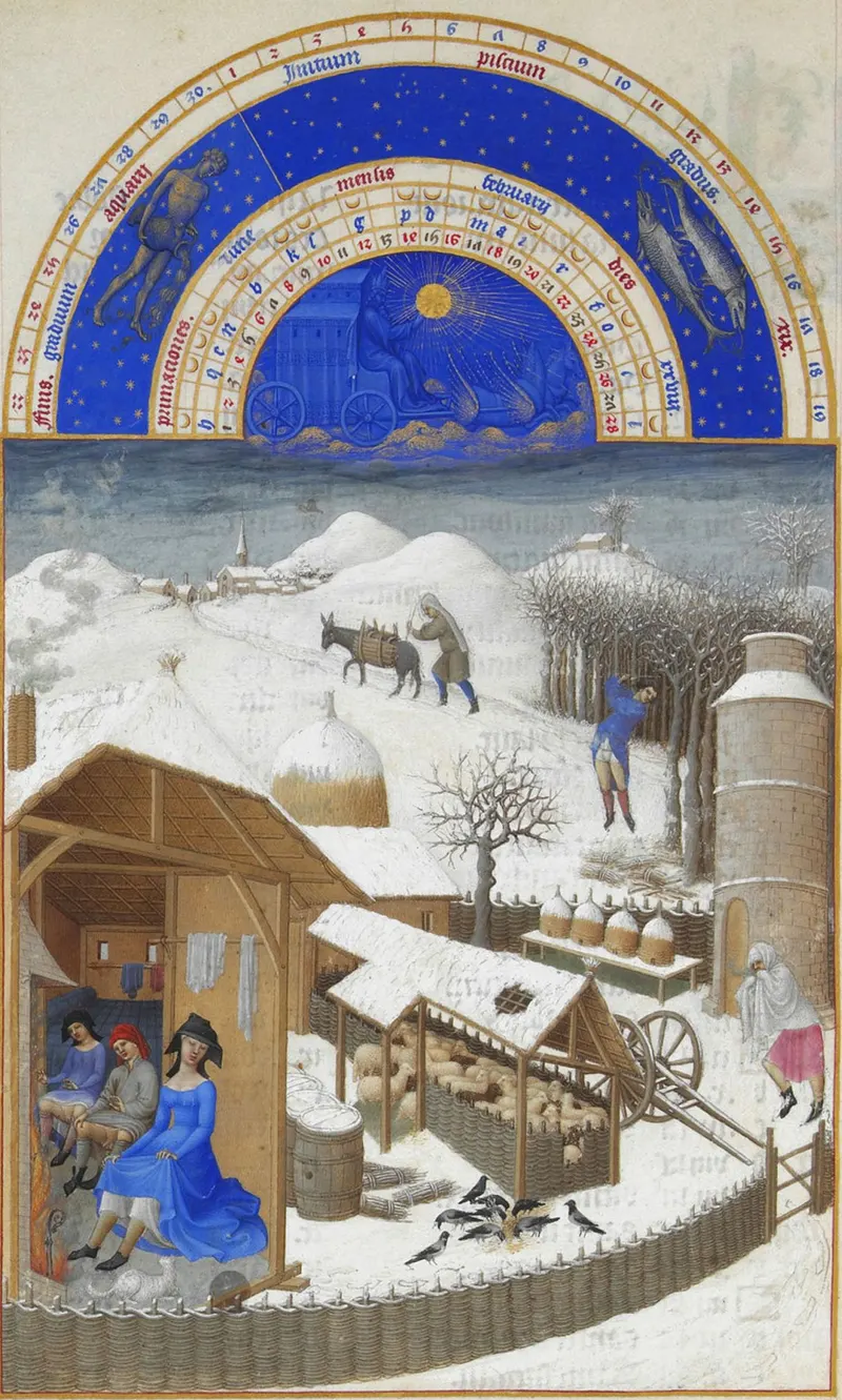 February — The Peasants' Hearth, The Limbourg Brothers (Herman, Paul & Jean de Limbourg); later folios completed by Jean Colombe