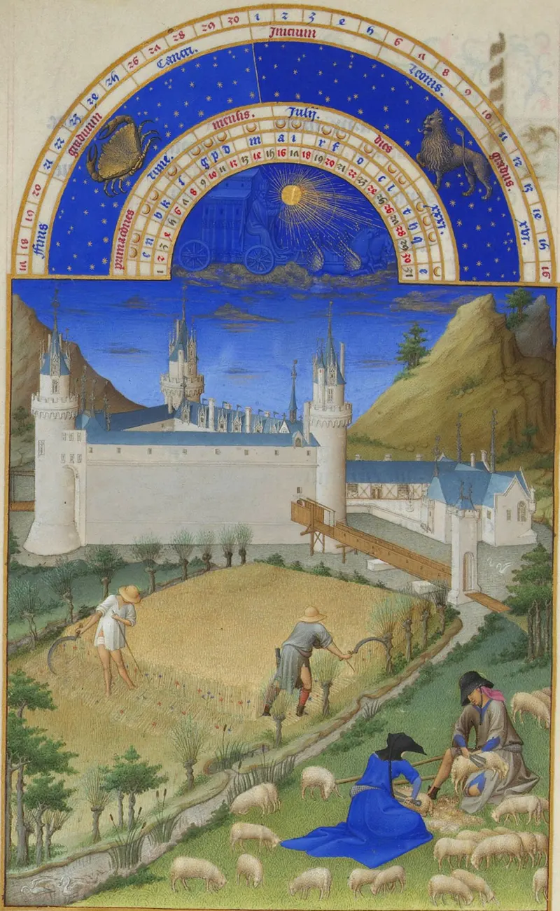 July — Shearing and Harvest at Poitiers, The Limbourg Brothers (Herman, Paul & Jean de Limbourg); later folios completed by Jean Colombe