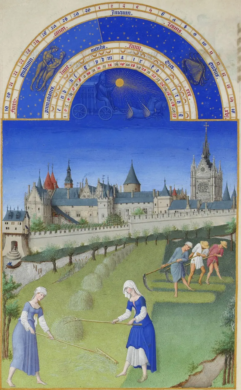 June — Haymaking Before the Sainte-Chapelle, The Limbourg Brothers (Herman, Paul & Jean de Limbourg); later folios completed by Jean Colombe