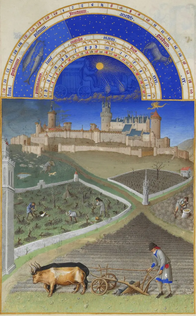 March — Plowing at Lusignan, The Limbourg Brothers (Herman, Paul & Jean de Limbourg); later folios completed by Jean Colombe