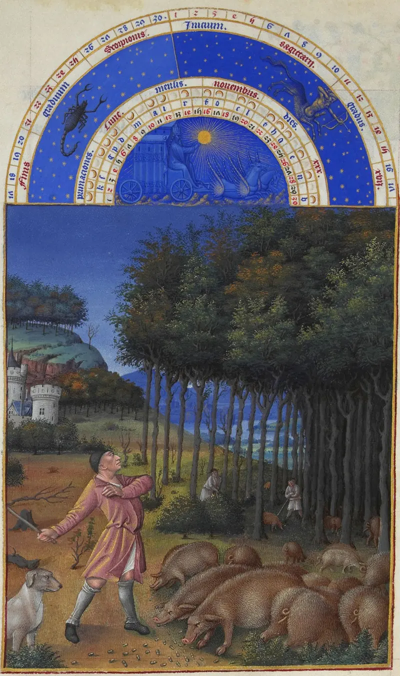 November — Gathering Acorns, The Limbourg Brothers (Herman, Paul & Jean de Limbourg); later folios completed by Jean Colombe