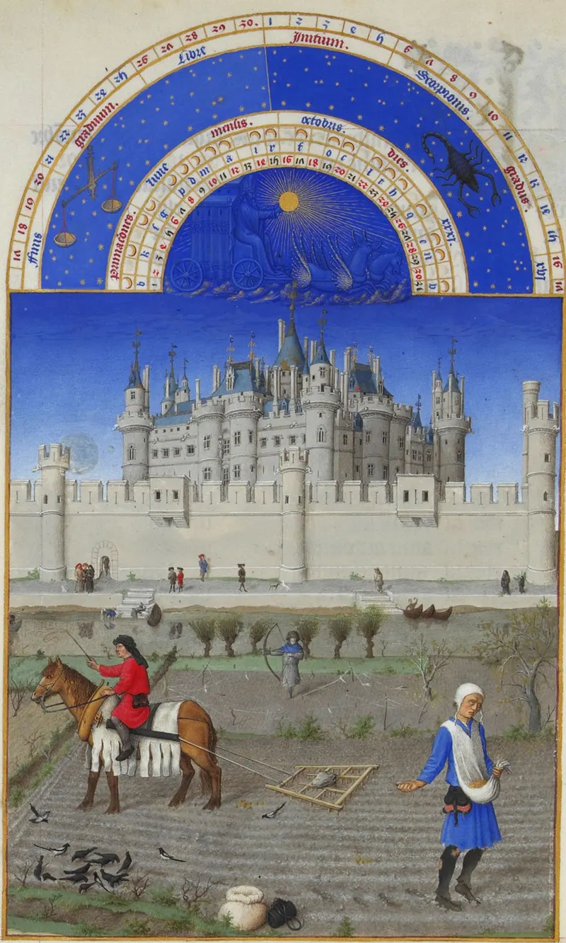 October — Sowing Before the Louvre, The Limbourg Brothers (Herman, Paul & Jean de Limbourg); later folios completed by Jean Colombe
