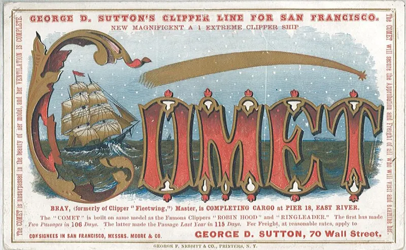 Clipper Ship Comet - Sailing Card, unattributed job printer