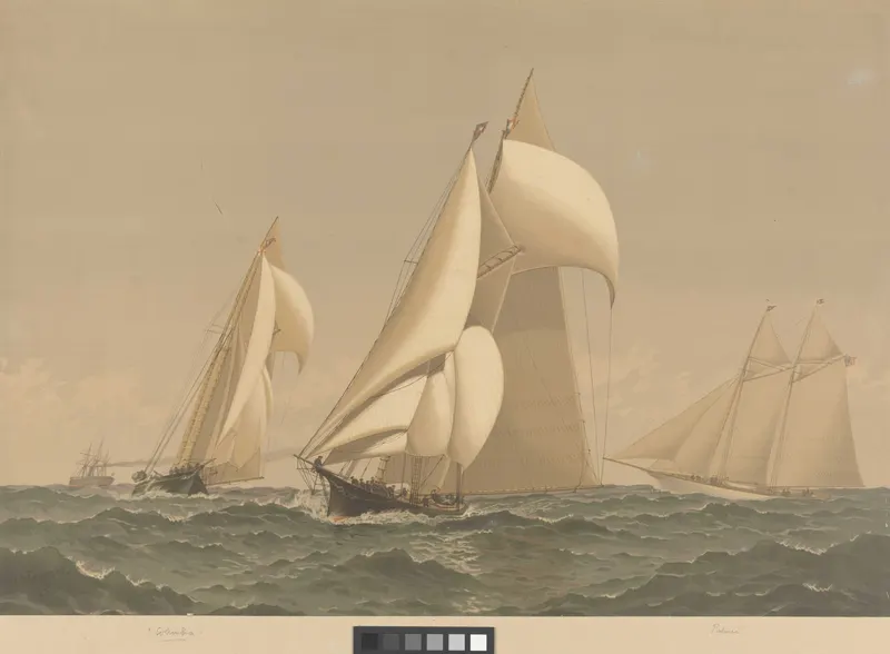 American Yachts, Plate XVII: Columbia, Sappho and Palmer - A Breezy Day Outside, Frederic S. Cozzens