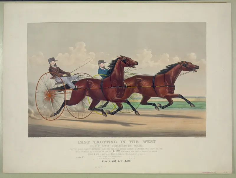 Fast Trotting in the West - Lucy and Goldsmith Maid, Currier & Ives, hand-coloured lithograph