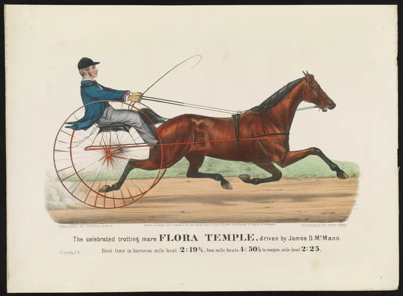 The Celebrated Trotting Mare Flora Temple, Driven by James D. McMann, Currier & Ives, hand-coloured lithograph