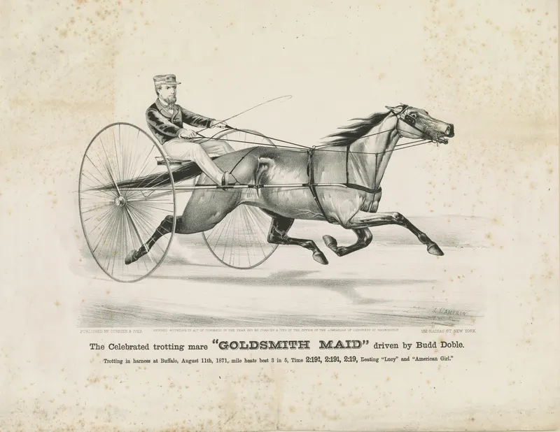 The Celebrated Trotting Mare Goldsmith Maid Driven by Budd Doble, Currier & Ives, hand-coloured lithograph