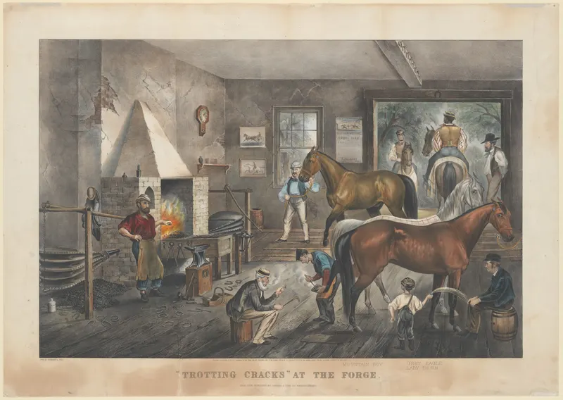 'Trotting Cracks' at the Forge, Currier & Ives after Thomas Worth, hand-coloured lithograph