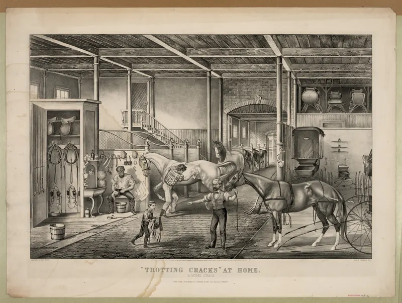 Trotting Cracks at Home, a Model Stable, Currier & Ives after Thomas Worth, hand-coloured lithograph
