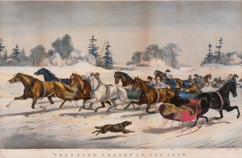 'Trotting Cracks' on the Snow, Currier & Ives after Thomas Worth, hand-coloured lithograph
