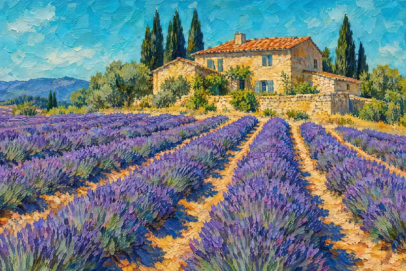 Lavender Before Farmhouse, Painted Agency