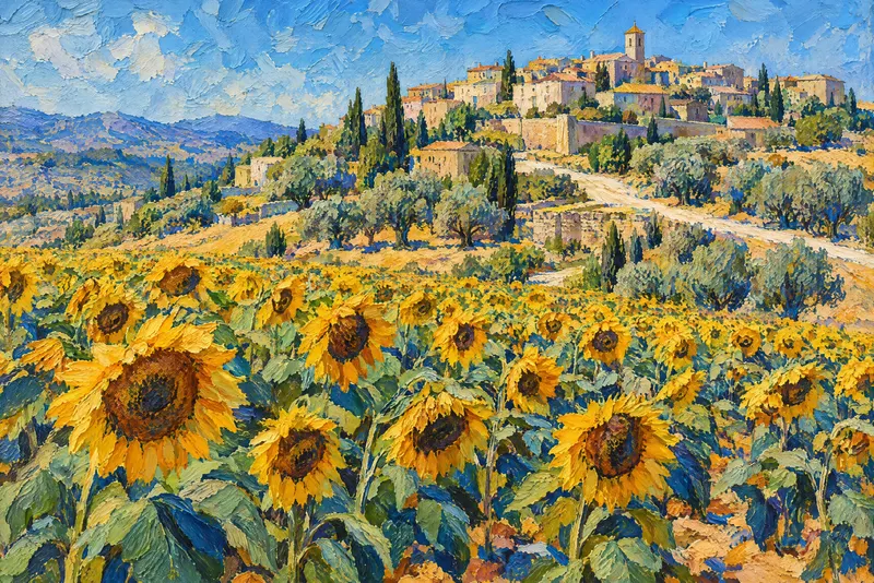 Sunflowers Below Village, Painted Agency