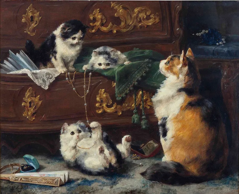 A Cat with Her Kittens, Charles van den Eycken