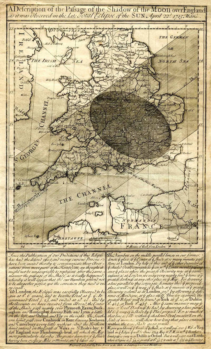 Halley's Eclipse Map of 1715, Edmond Halley