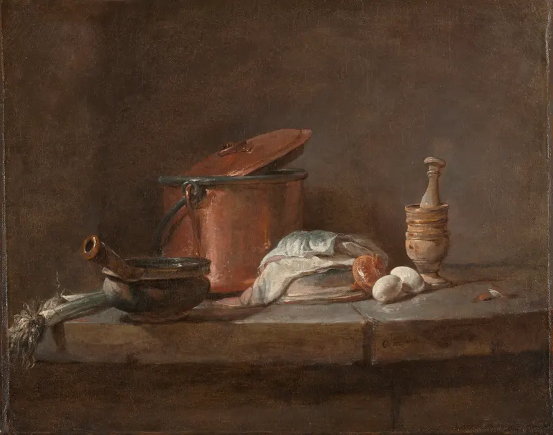 Kitchen Utensils with Leeks, Fish, and Eggs, Jean-Siméon Chardin (1699 to 1779)