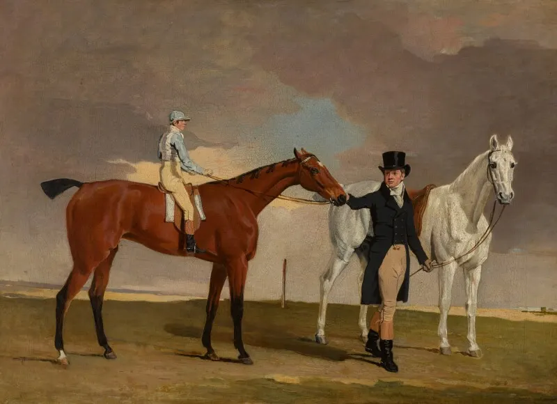 Lord Rous's Racehorse Shrapnell, with his trainer and jockey, Benjamin Marshall, oil on canvas
