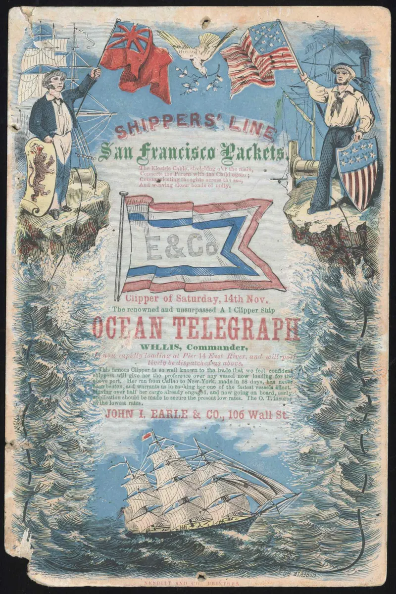 Clipper Ship Ocean Telegraph - Sailing Card, unattributed job printer