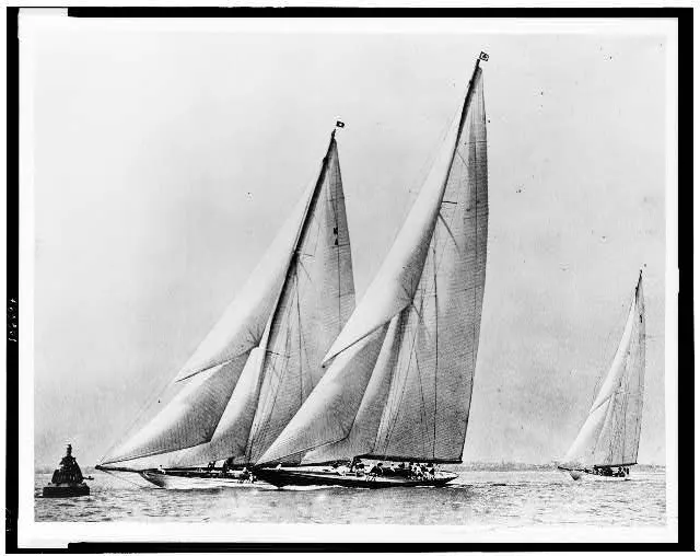 Lipton's contender for America's Cup — camera study of Shamrock V in her first big trials, anonymous press photographer