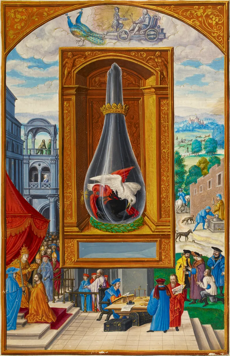 Three Birds Contend Within the Vessel, Unknown illuminator (text attributed to Salomon Trismosin)