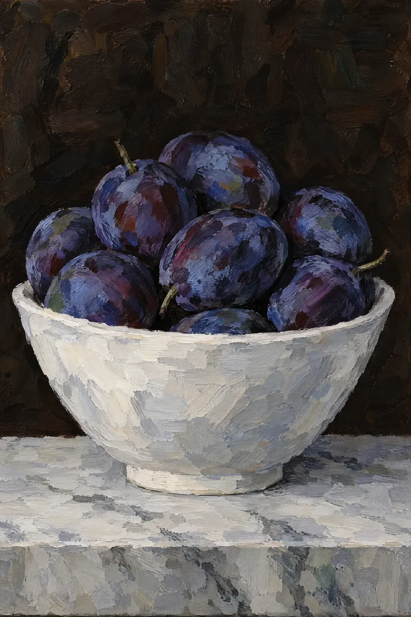 Plums in White Bowl, Painted Agency