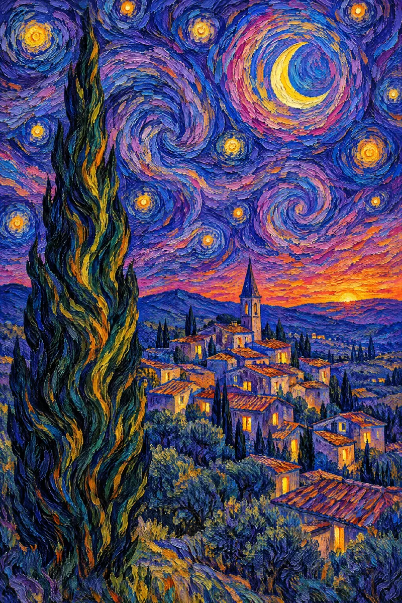 Cypress over the Village, Painted Agency