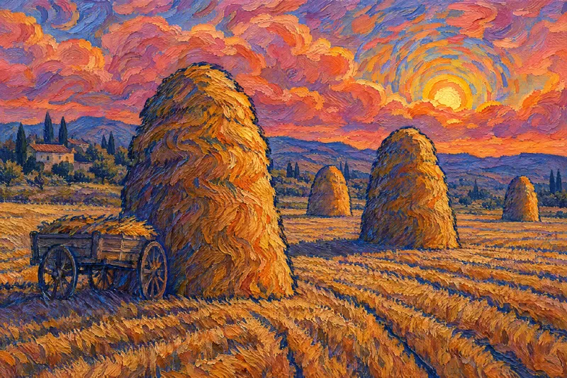 Haystacks under Coral Clouds, Painted Agency