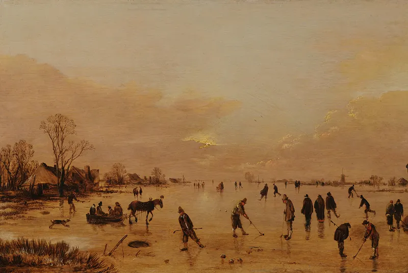 Frozen Waterway with Villagers Playing Kolf, Aert van der Neer
