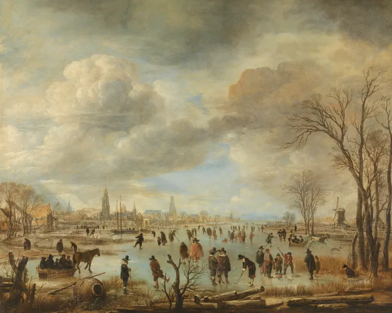 Winter Landscape near a Town with Kolf Players, Aert van der Neer, oil on panel