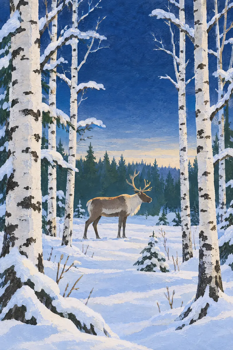 Reindeer In Birches, Painted Agency
