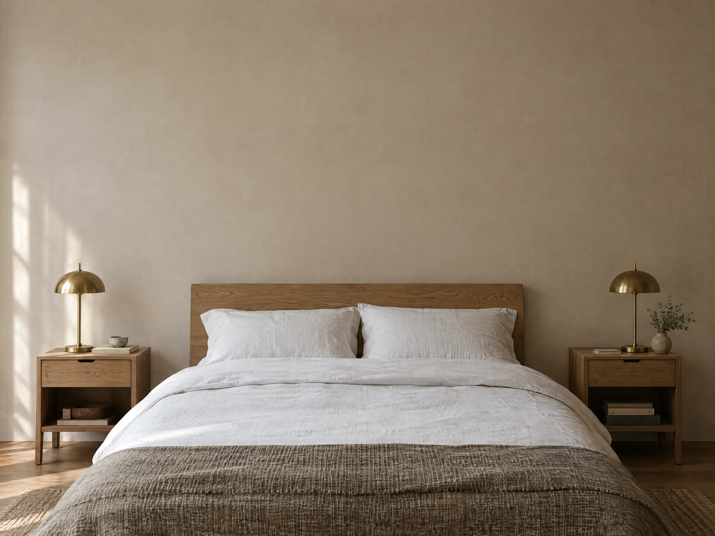 A queen bed with a low oak headboard and white linen, brass lamps on oak nightstands either side, a clay-coloured plaster wall