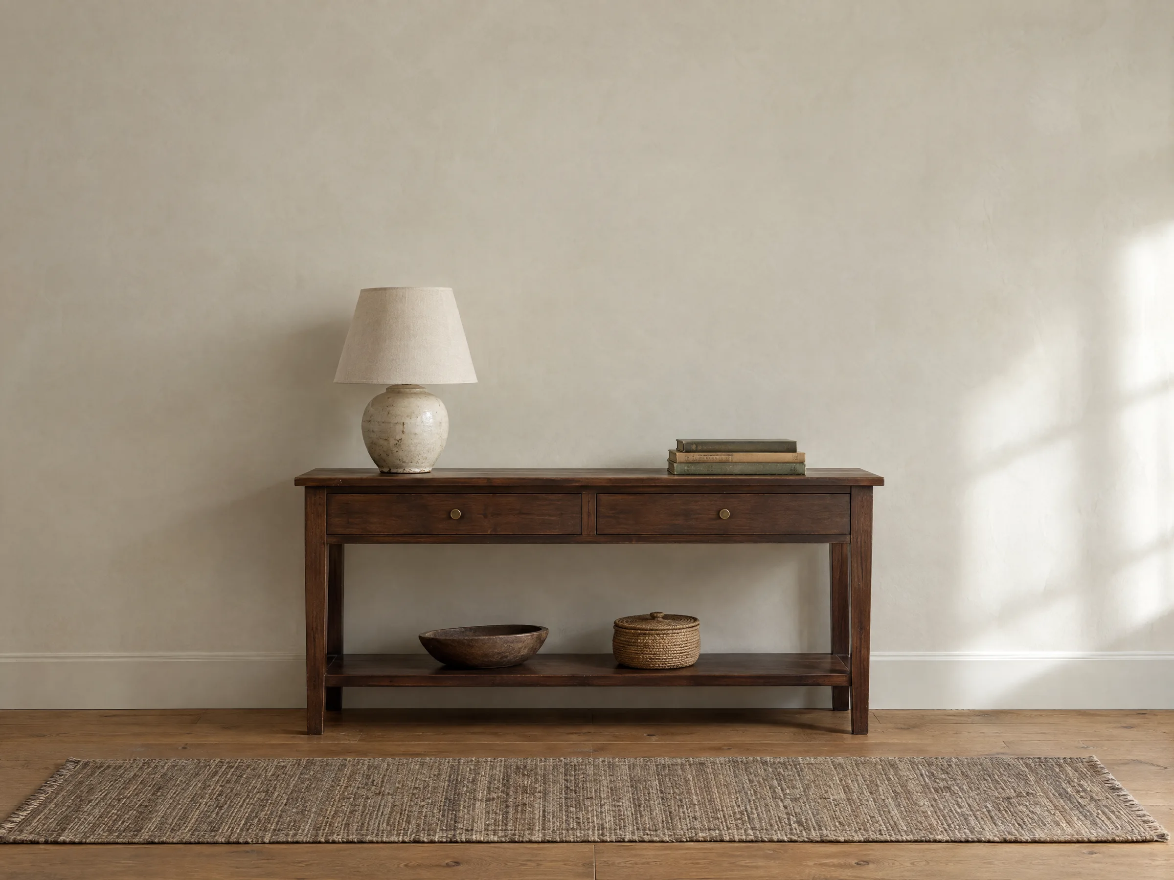A dark walnut console table with a ceramic lamp and a stack of books against a limewashed wall