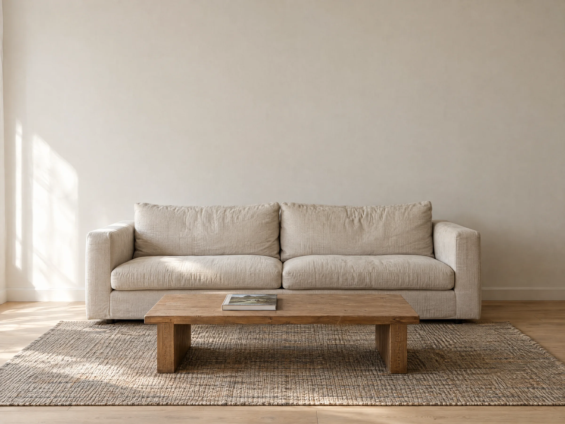 A cream linen sofa and an oak coffee table against a warm white plaster wall, window light from the left